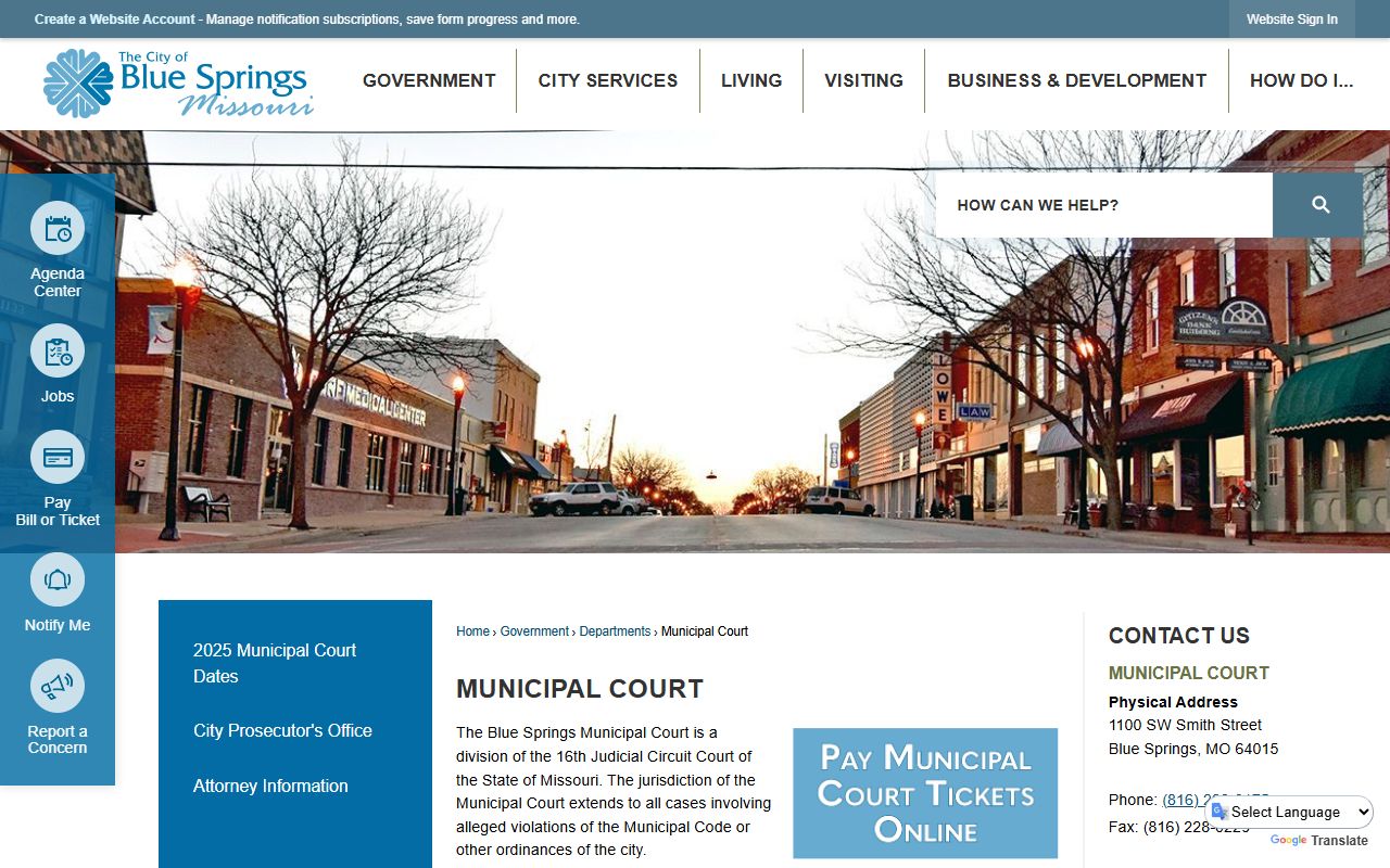 Blue Springs Municipal Court page for Blue Springs civil court records