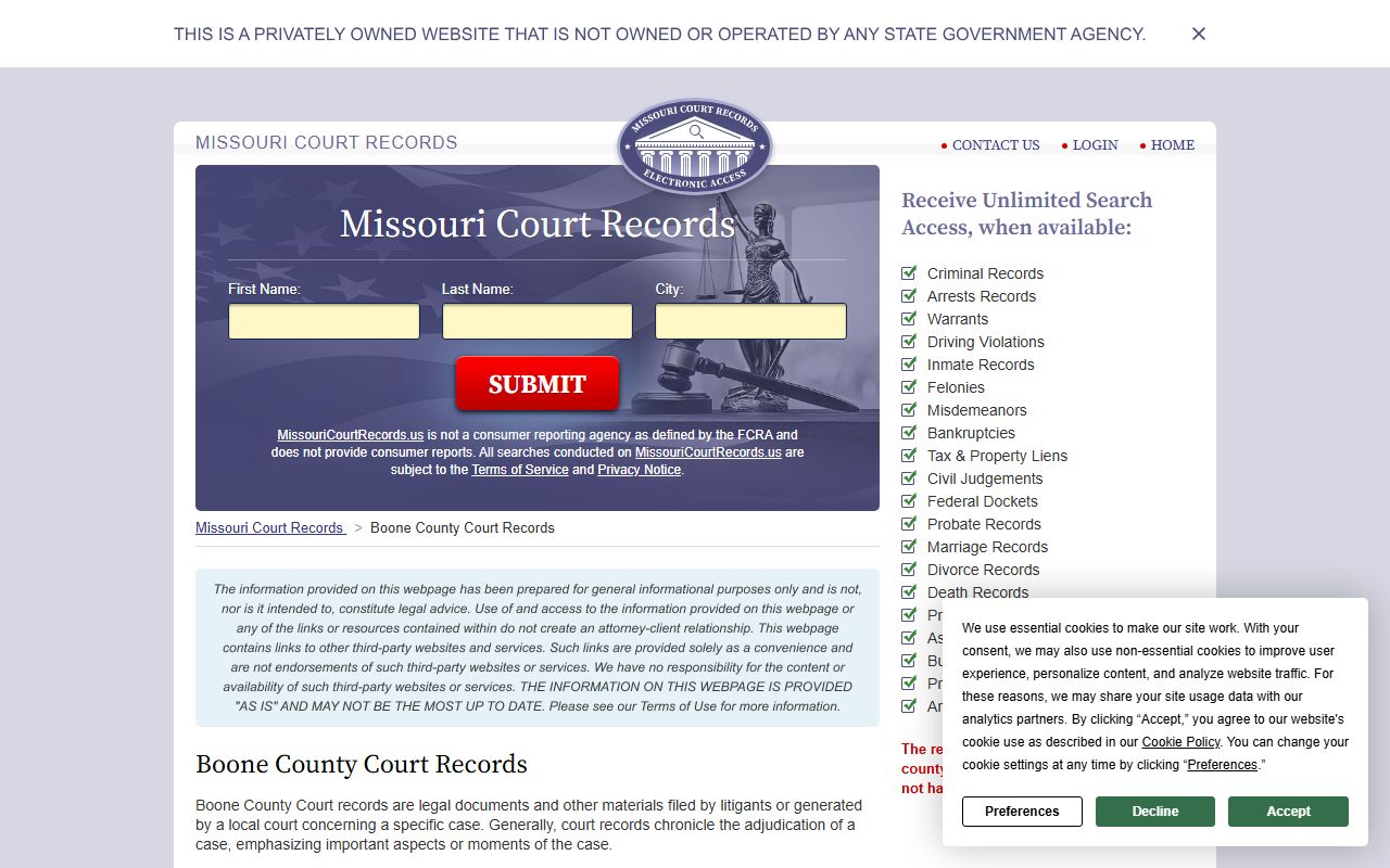 Boone County Circuit Court information for Columbia civil court records