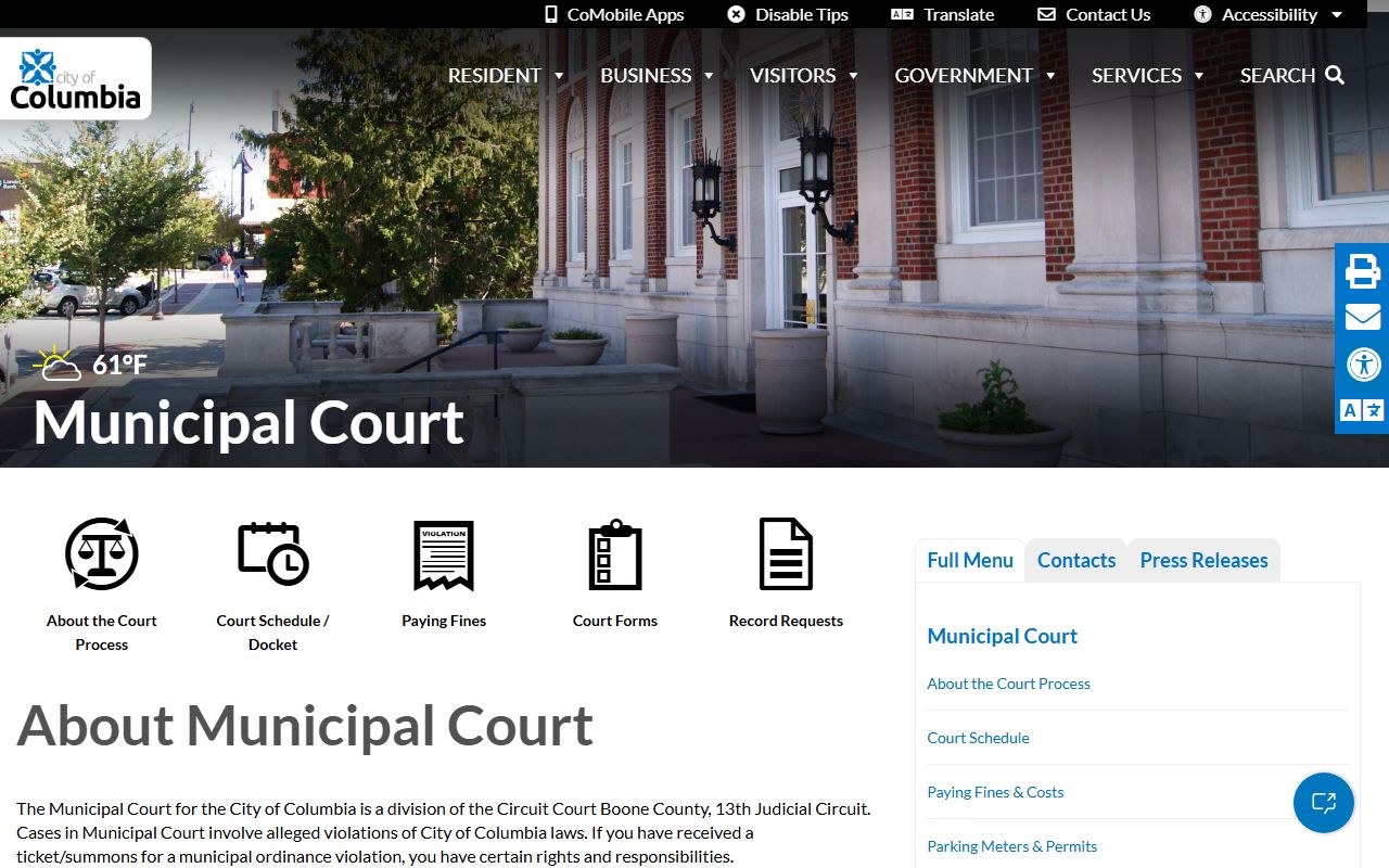 Columbia Municipal Court website for Columbia civil court records information