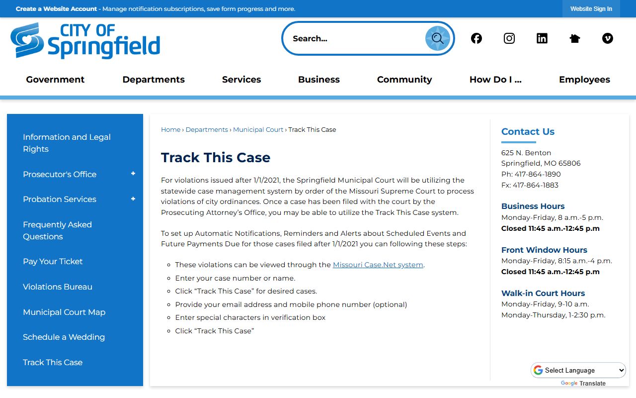 Springfield Track This Case feature for Springfield civil court records