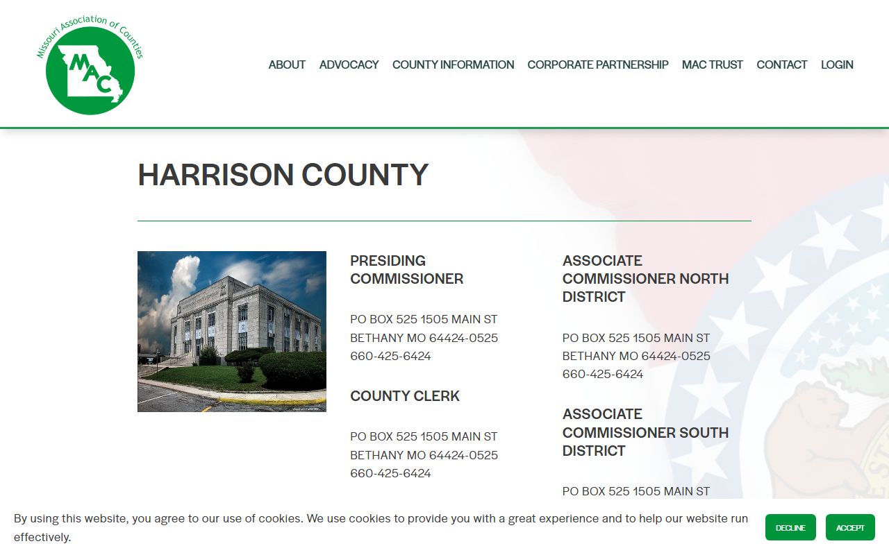 Harrison County civil court records listing on Missouri Counties website