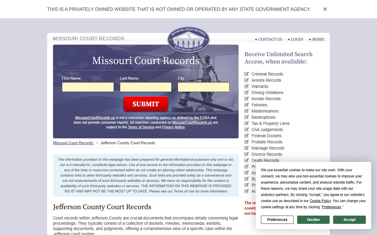 Jefferson County records search interface for civil court records