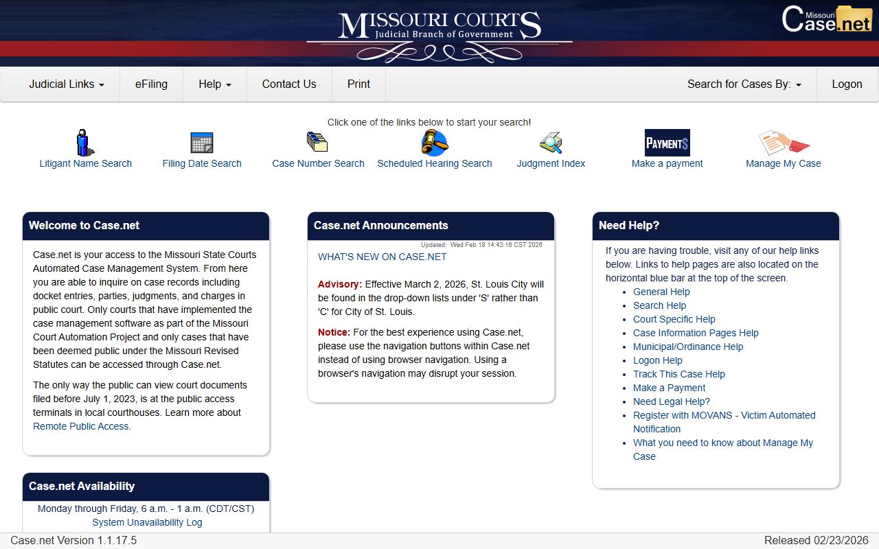 Missouri Case.net portal for searching civil court records online